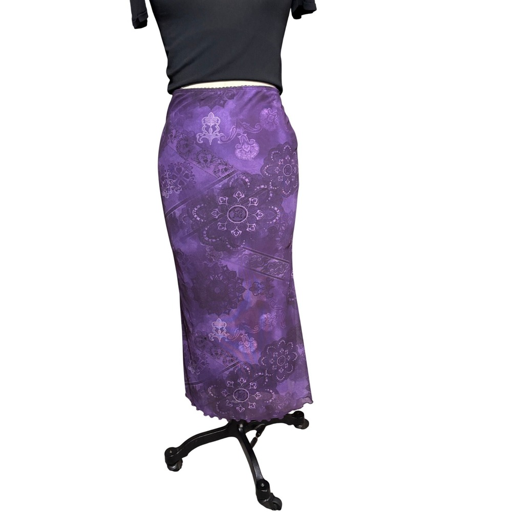 Romwe Maxi Skirt Womens Medium Purple Mandala Paisley Mesh Lettuce Edge Boho